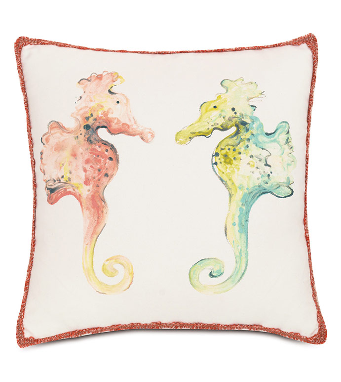 ɺ 18X18 SEAHORSES OUTDOOR PILLOW